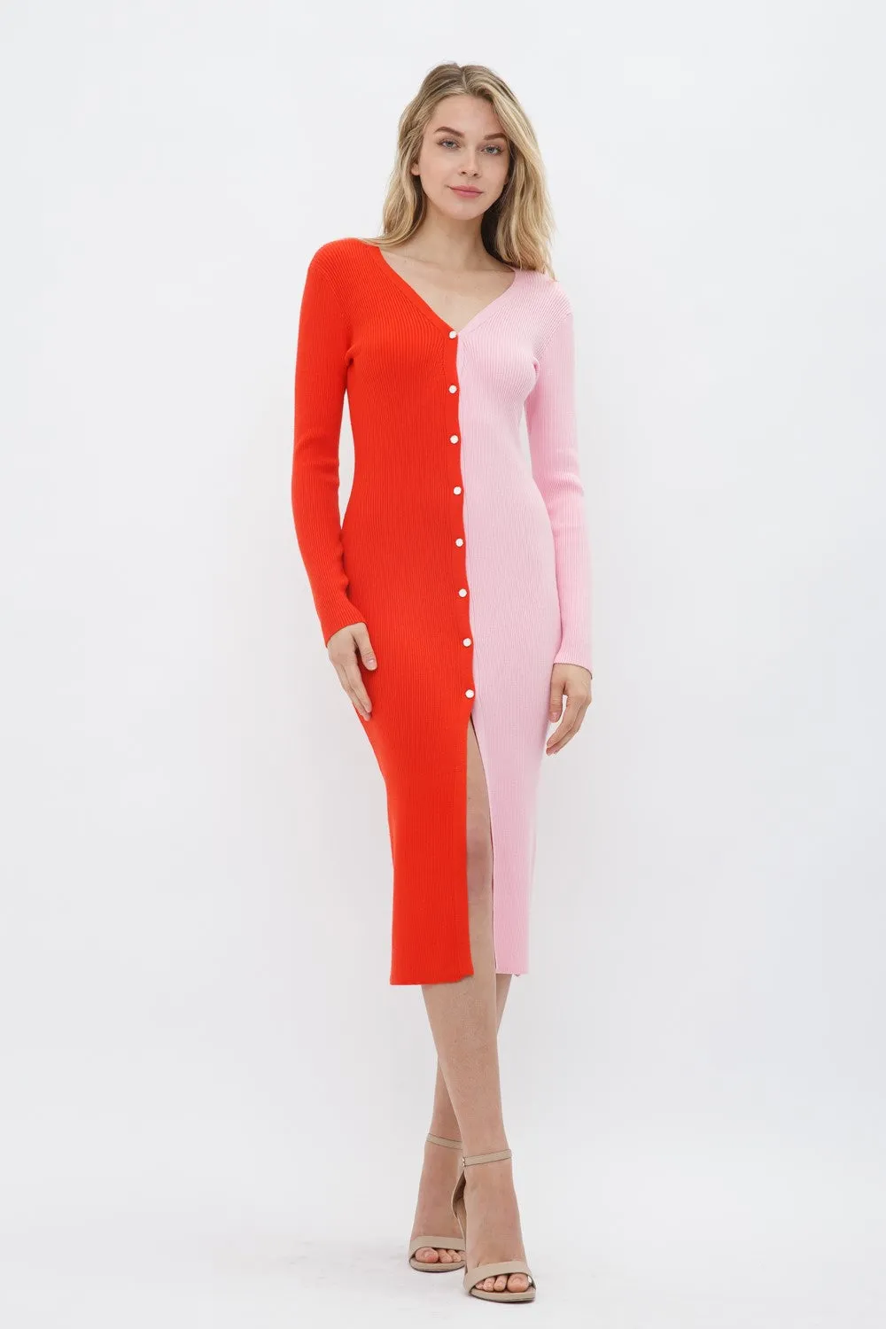 Pink Goes Orange Knit Button Up Dress