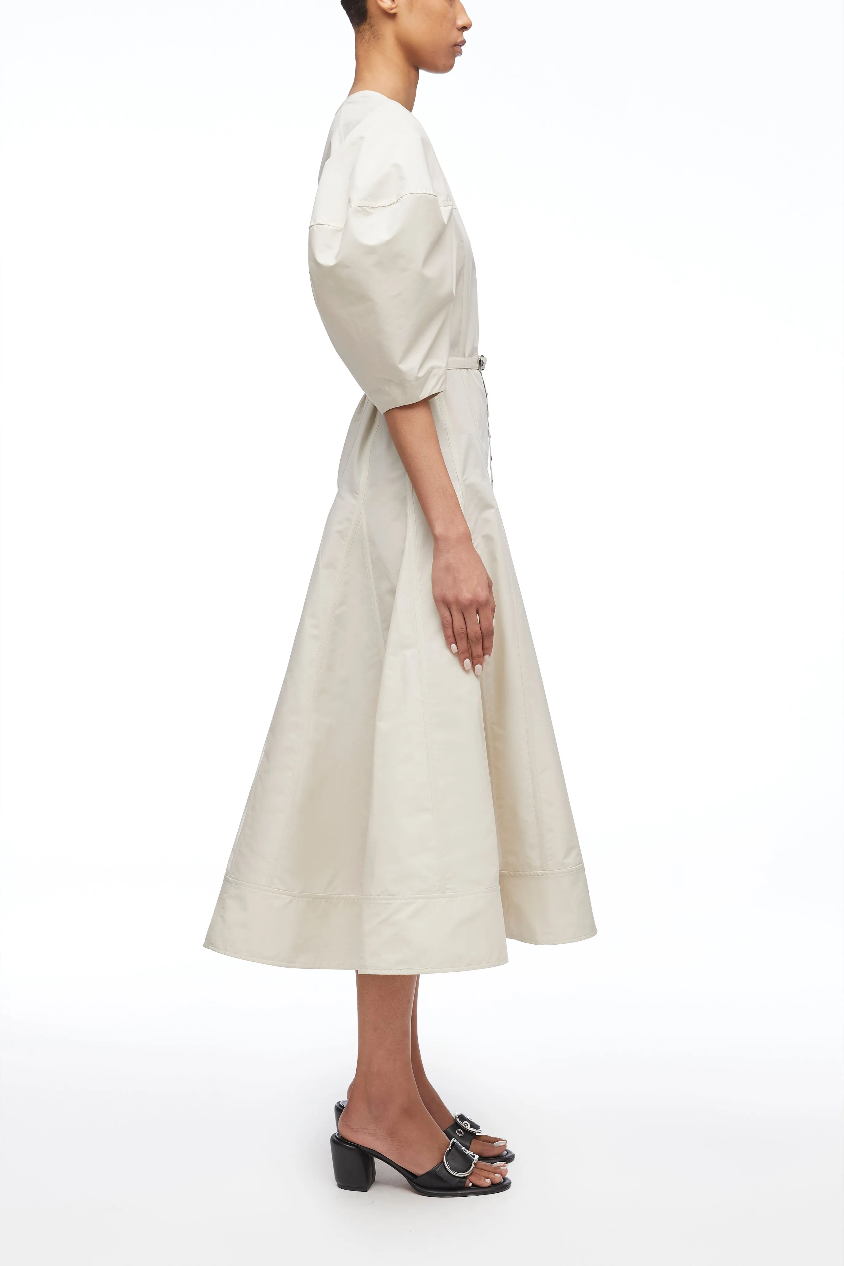 Puff Sleeve Belted Godet Midi Dress