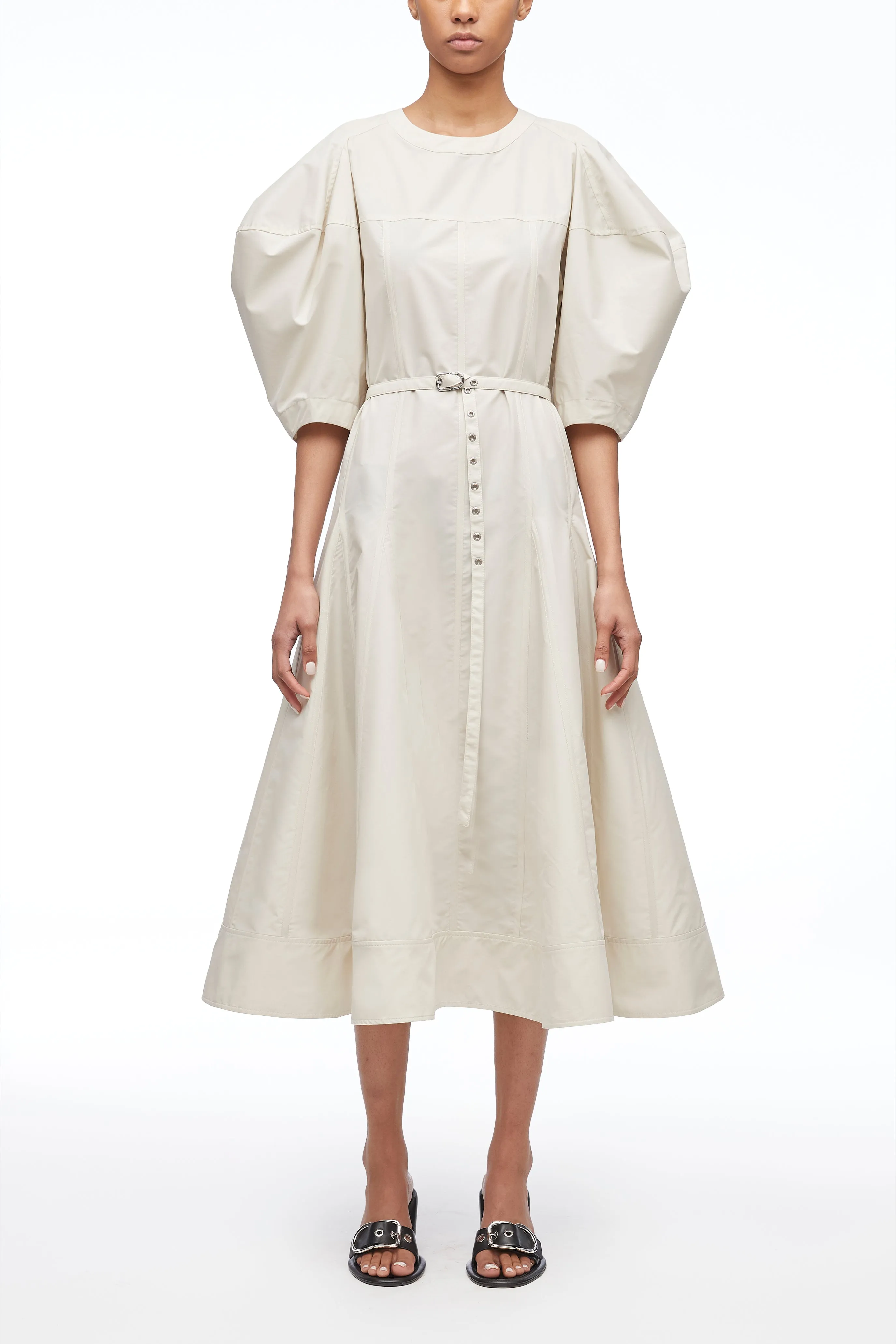 Puff Sleeve Belted Godet Midi Dress