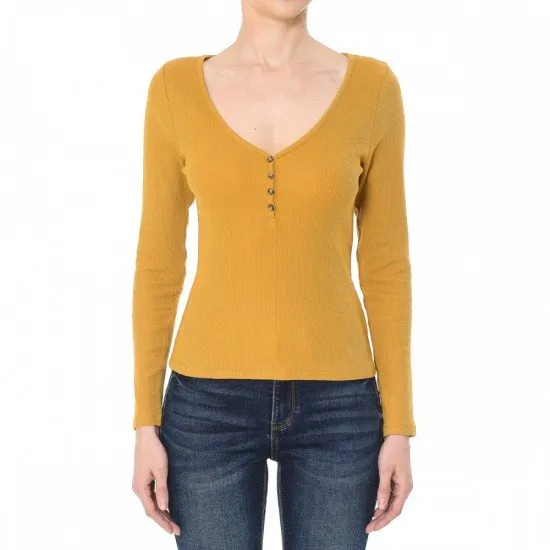 Ribbed V- Neck Long Sleeve Top