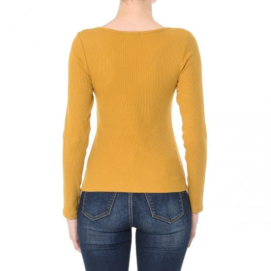 Ribbed V- Neck Long Sleeve Top