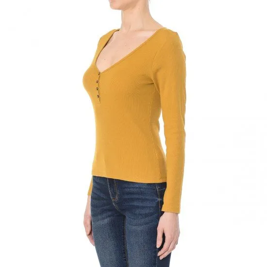 Ribbed V- Neck Long Sleeve Top