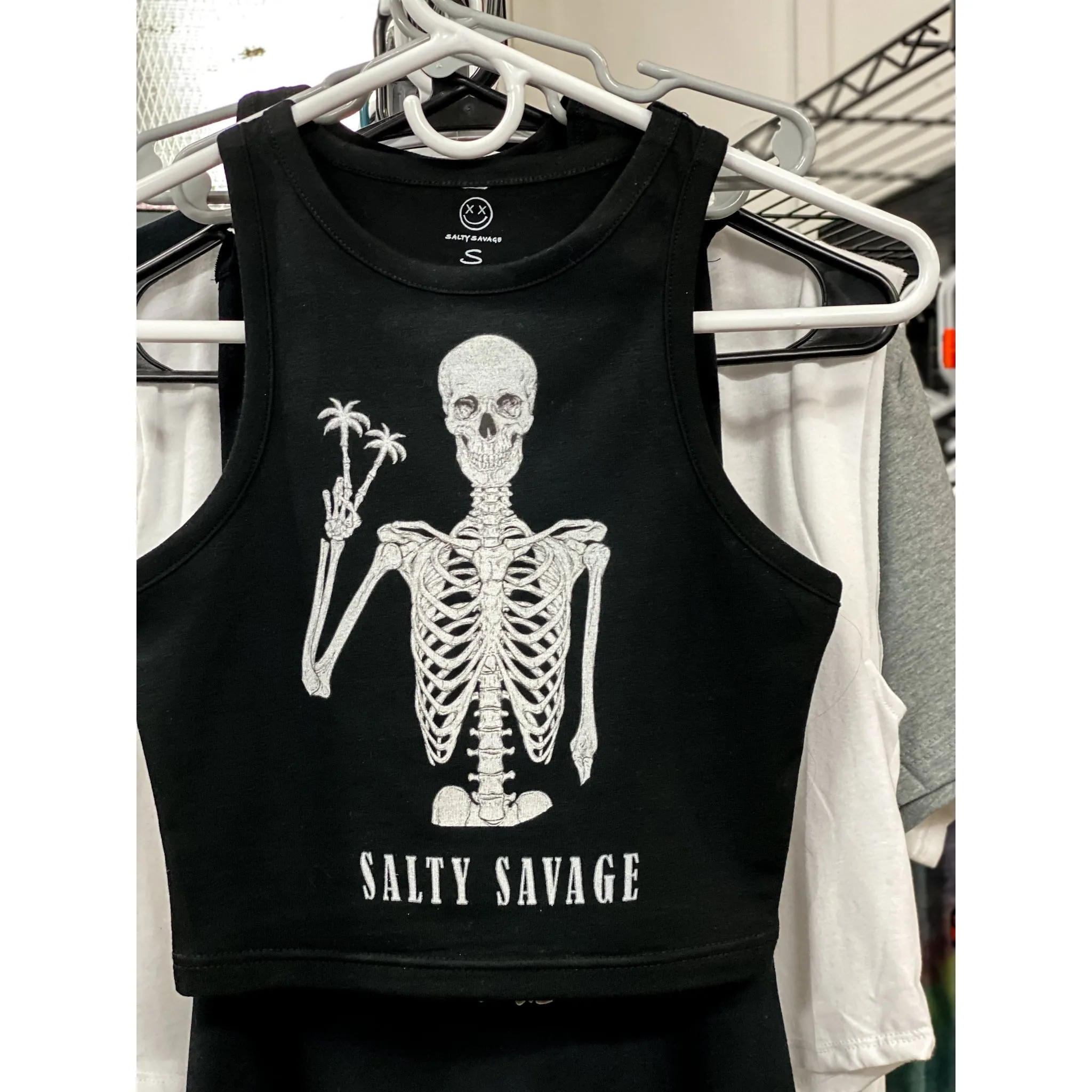 Salty Savage Ladies "Peace Skeleton" High Neck Sleeveless Crop Tank