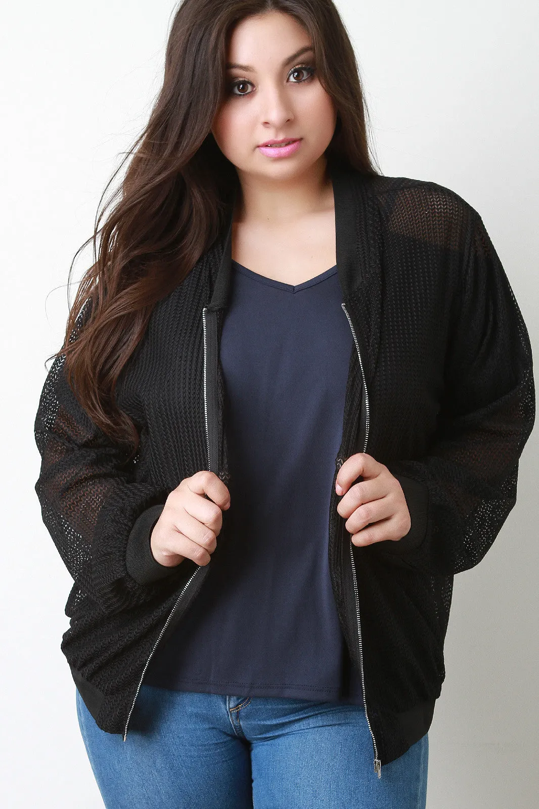 Semi-Sheer Chevron Pattern Mesh Bomber Jacket