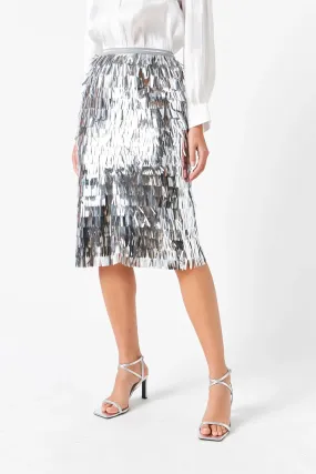 Silver Metallic Fringe Midi Skirt