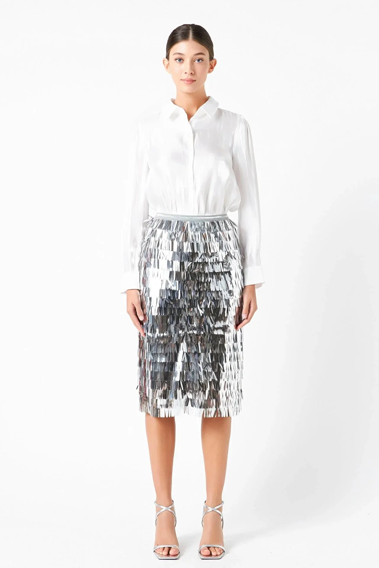 Silver Metallic Fringe Midi Skirt