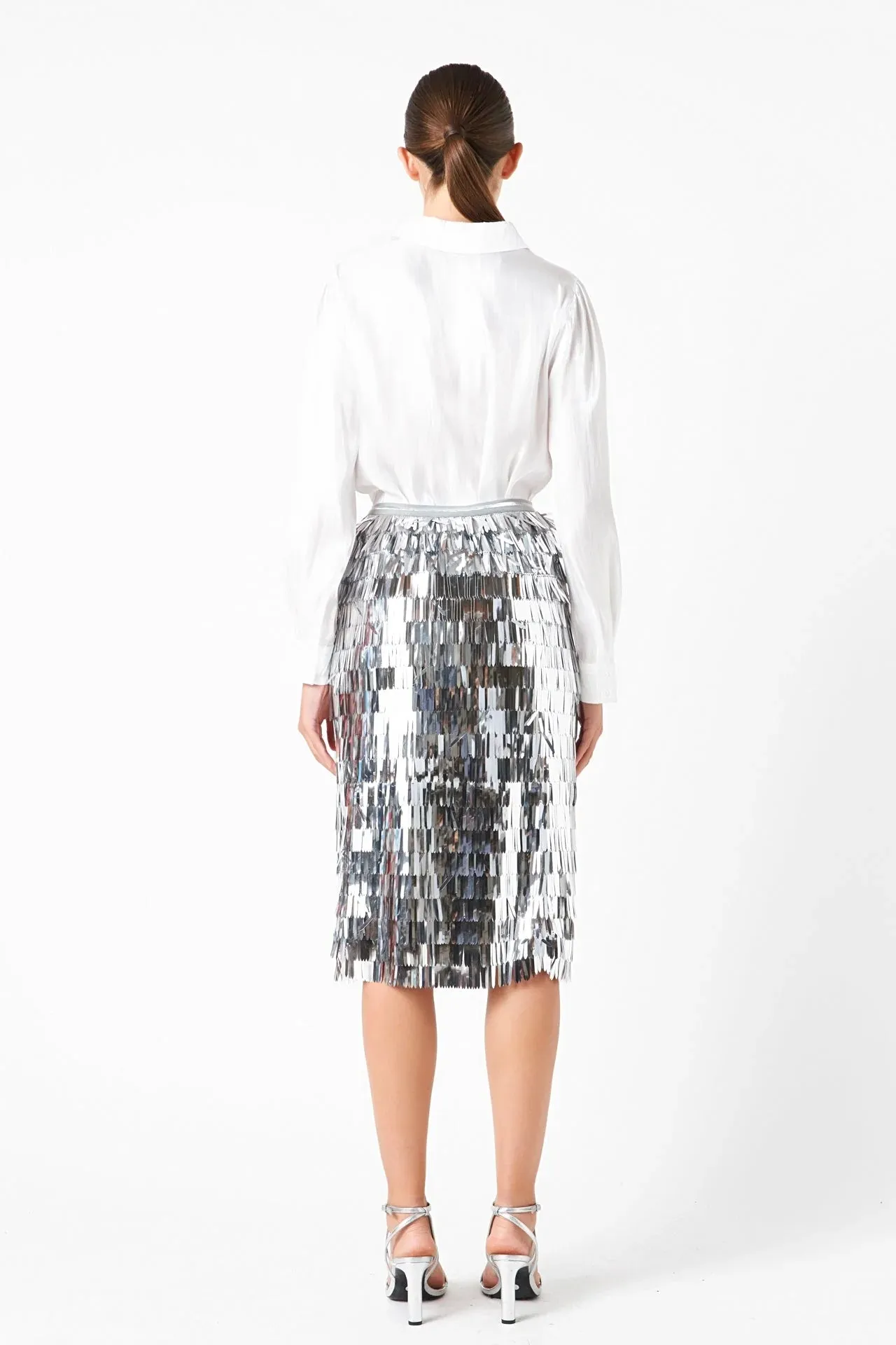 Silver Metallic Fringe Midi Skirt