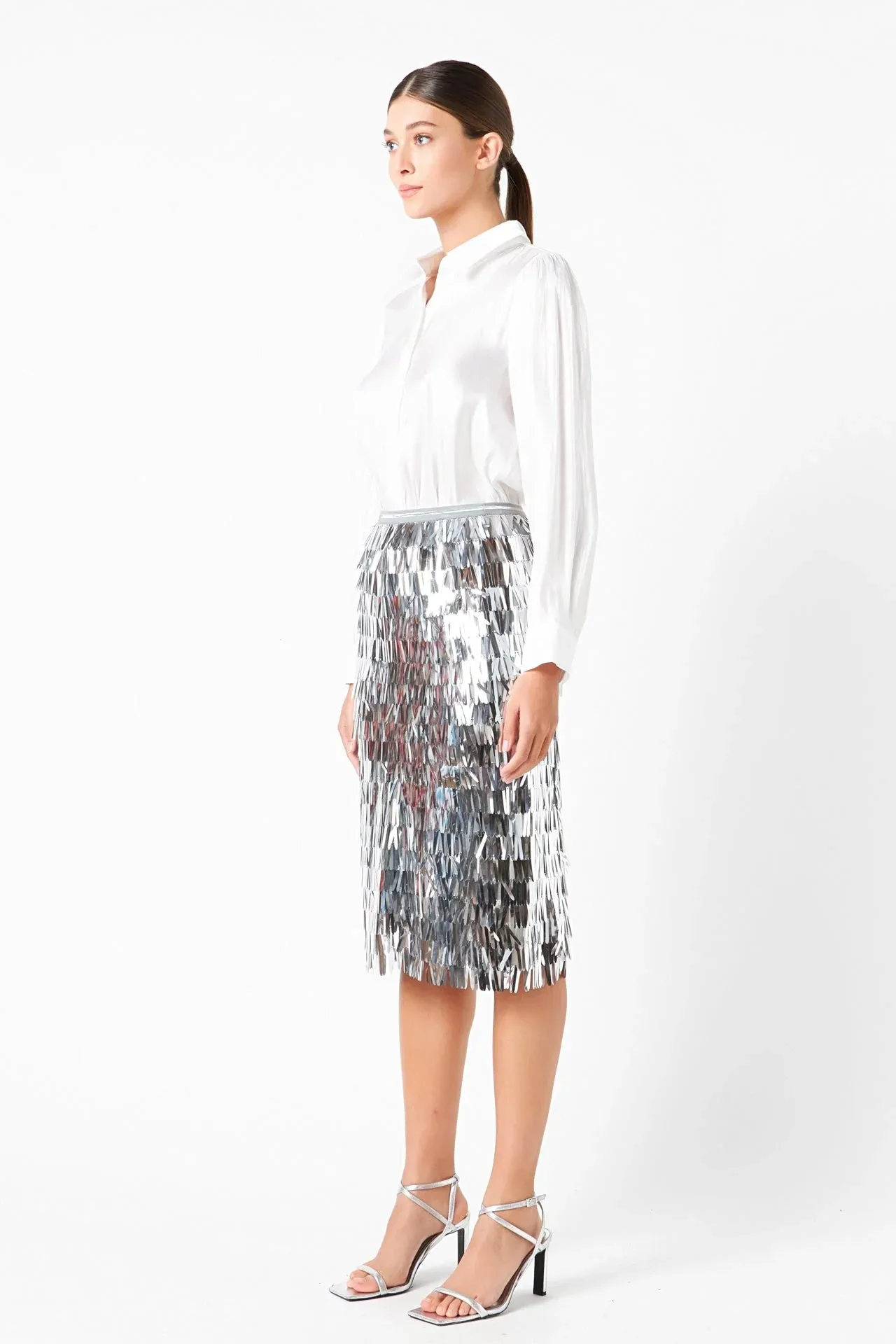 Silver Metallic Fringe Midi Skirt