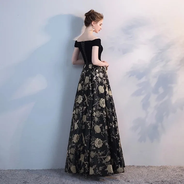 The Jardine Black Embroiderd Lace Off Shoulder Gown