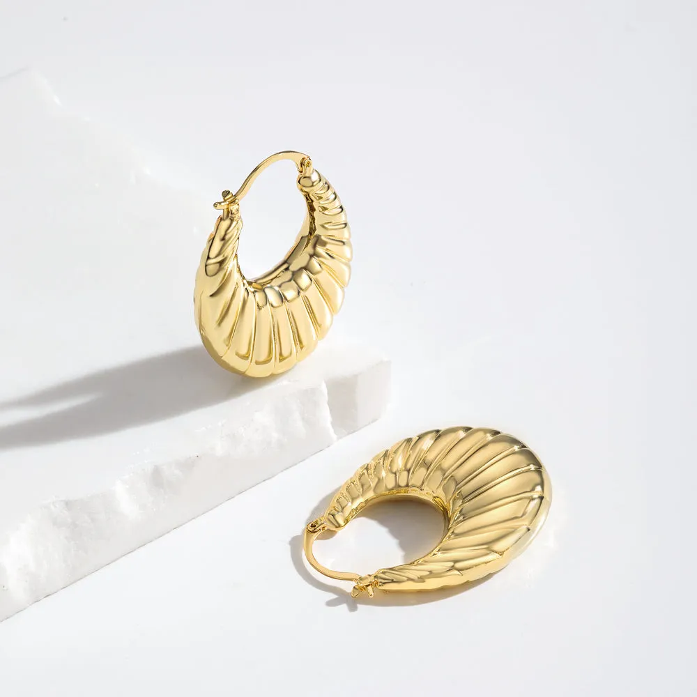 Thick Flat Croissant Hoop Earrings 14K Gold Plated