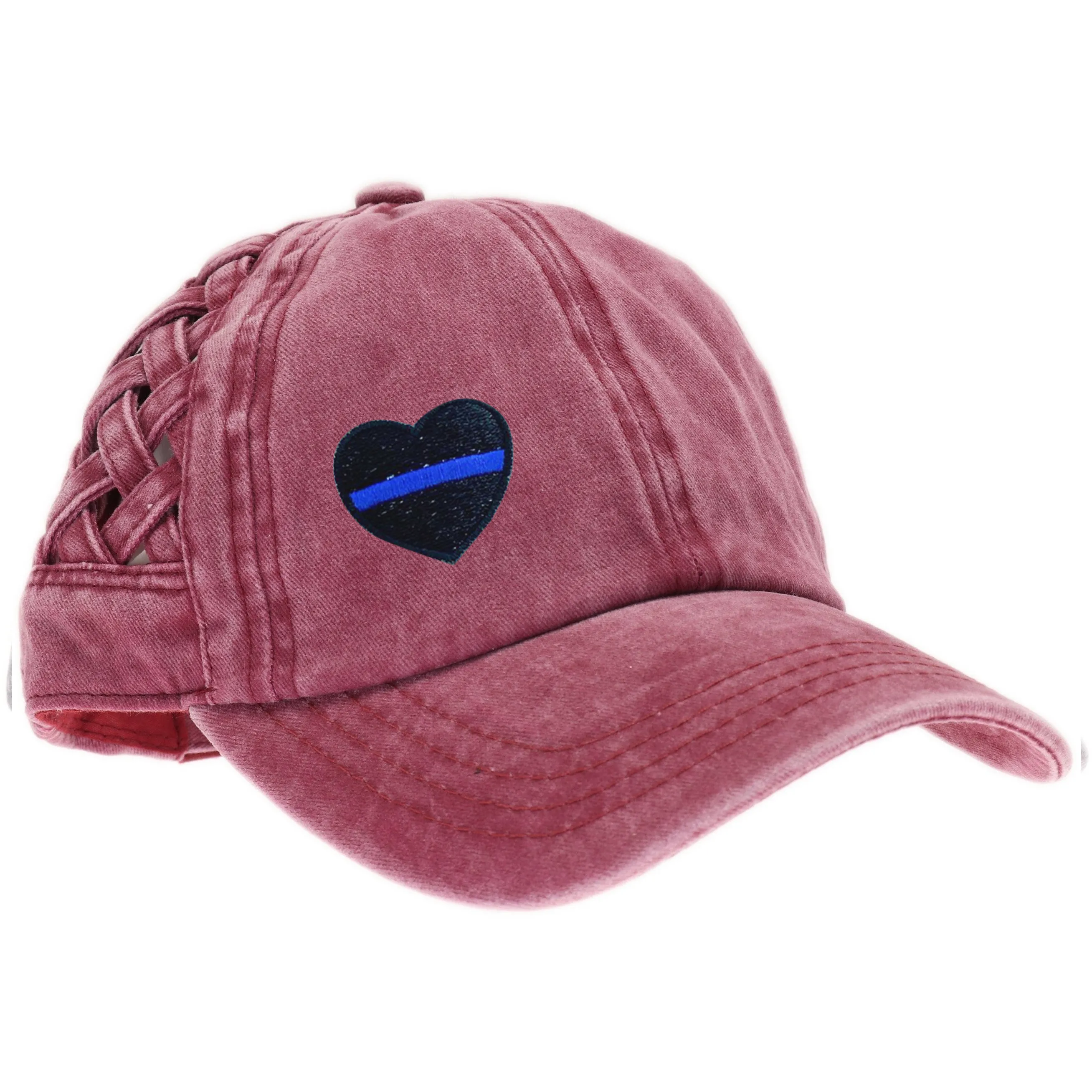 Thin Blue Line Heart Basket Woven Criss-Cross High Ponytail Cap