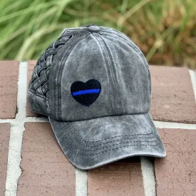 Thin Blue Line Heart Basket Woven Criss-Cross High Ponytail Cap