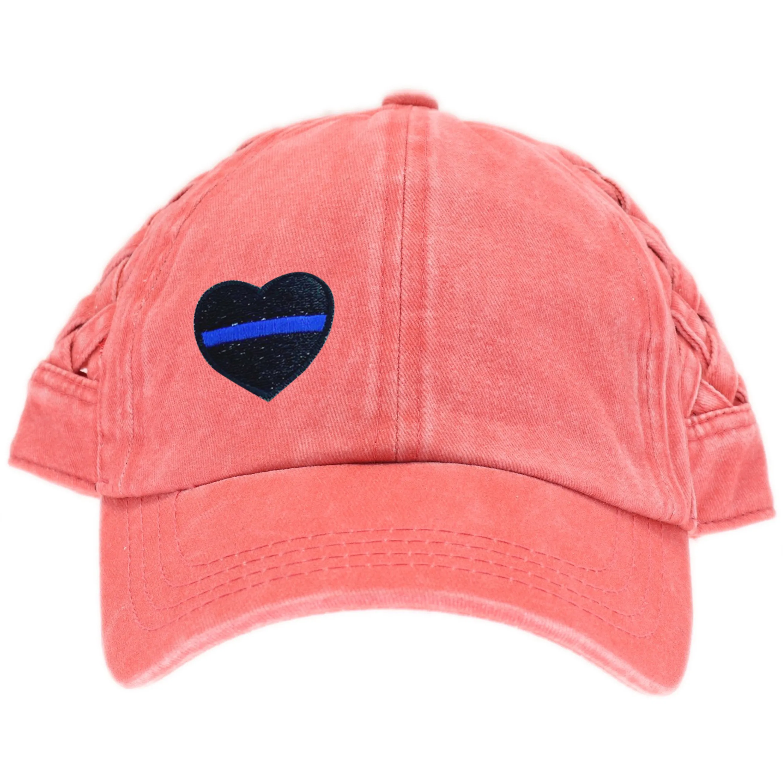 Thin Blue Line Heart Basket Woven Criss-Cross High Ponytail Cap