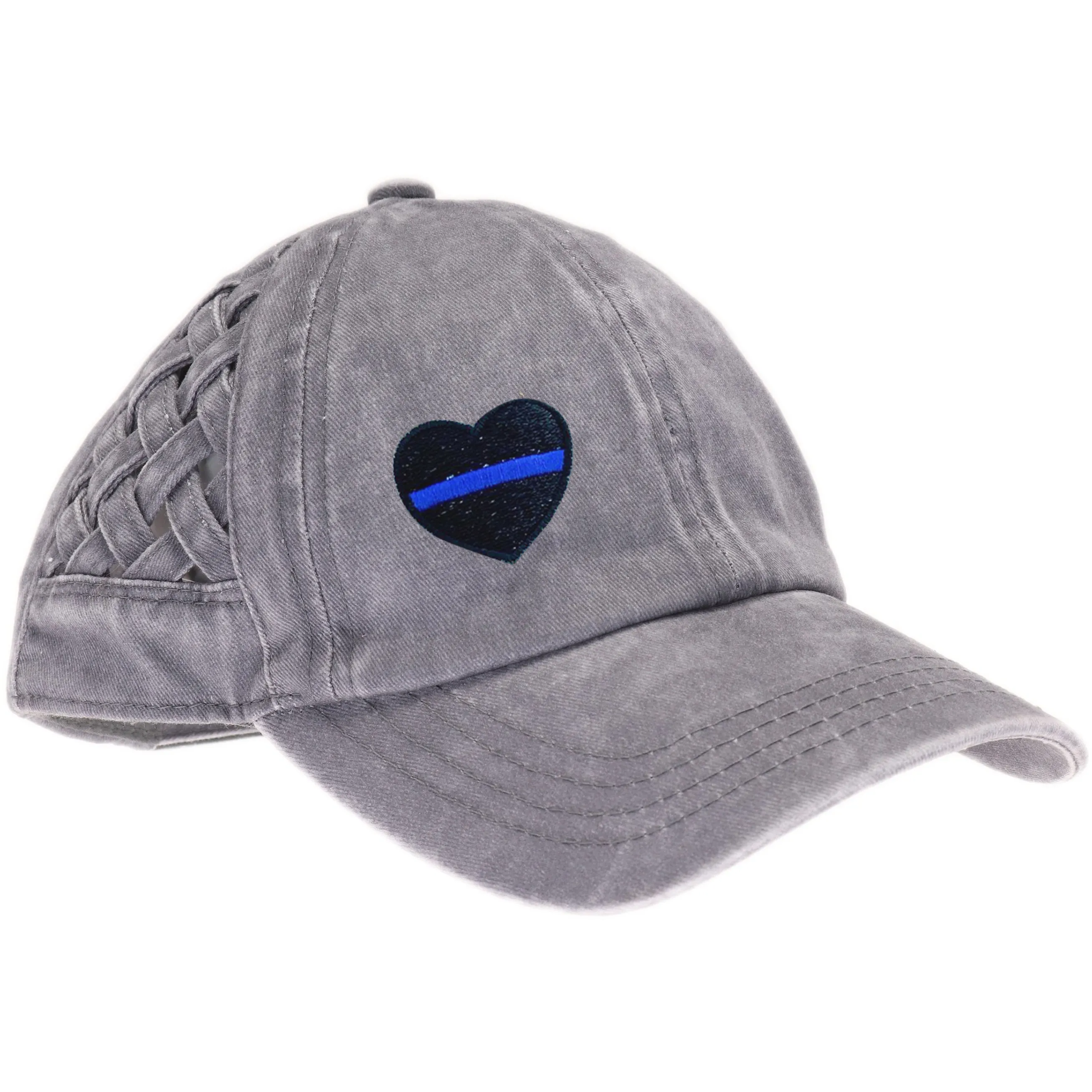 Thin Blue Line Heart Basket Woven Criss-Cross High Ponytail Cap