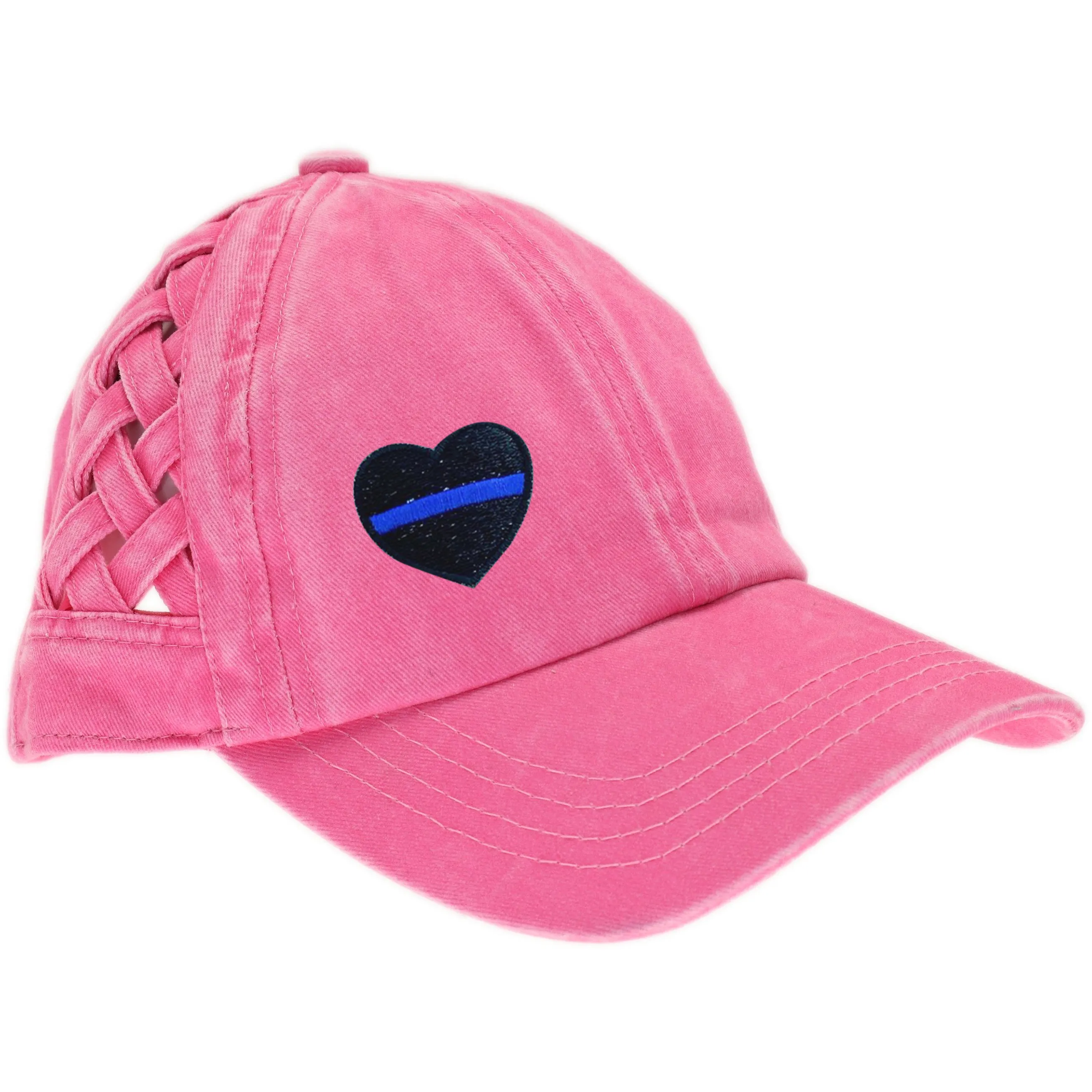 Thin Blue Line Heart Basket Woven Criss-Cross High Ponytail Cap