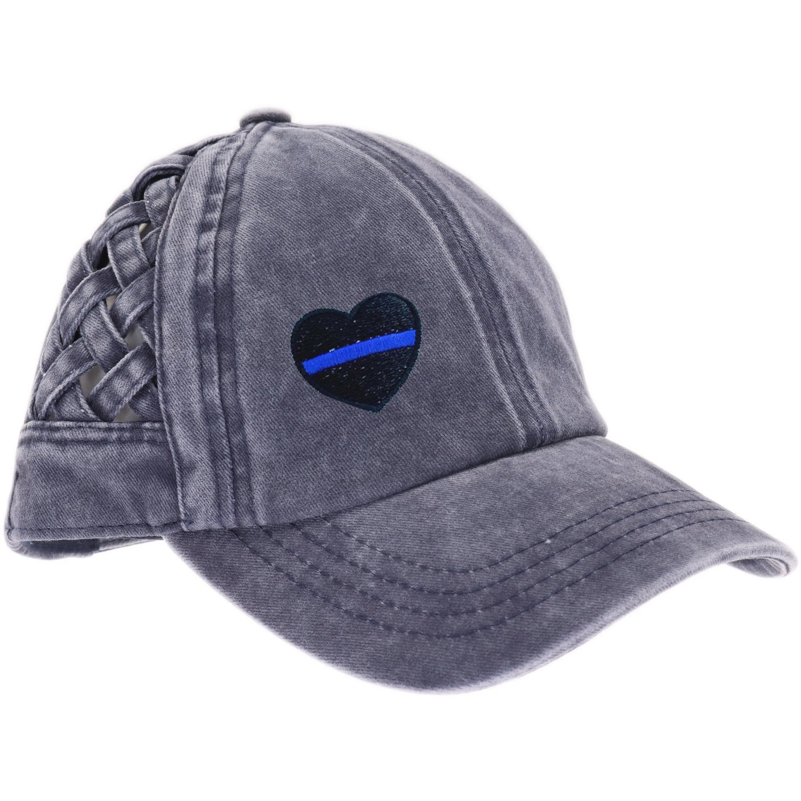 Thin Blue Line Heart Basket Woven Criss-Cross High Ponytail Cap