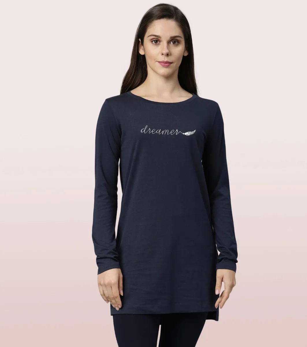 Tunic Tee – Solid | Long Sleeve Tunic Tee With Side Slit & Mindful Graphic