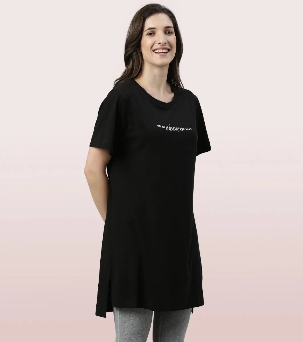 Tunic Tee – Solid | Short Sleeve Tunic Tee With Side Slit & Mindful Graphic