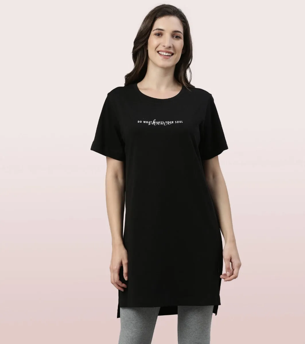 Tunic Tee – Solid | Short Sleeve Tunic Tee With Side Slit & Mindful Graphic