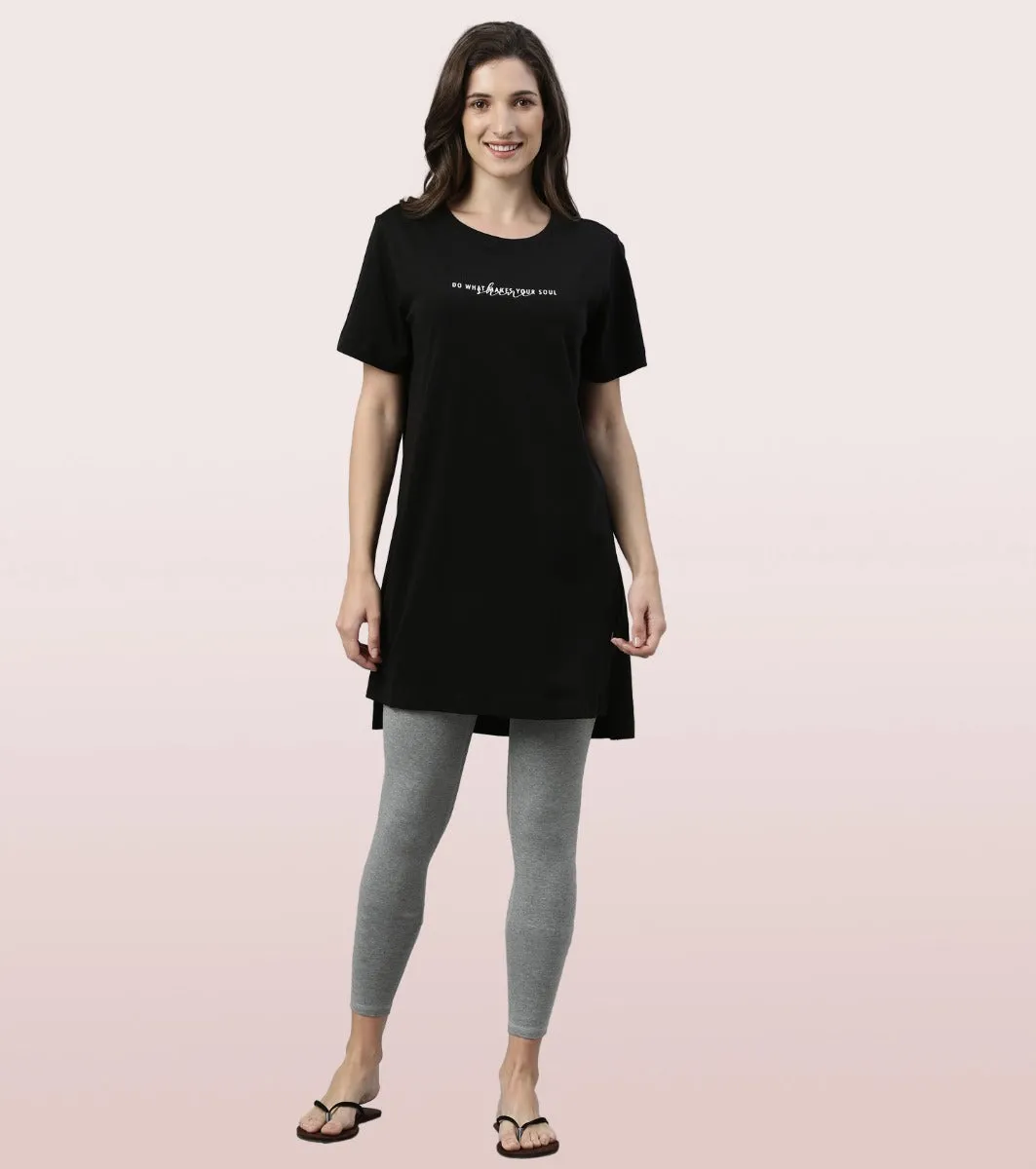 Tunic Tee – Solid | Short Sleeve Tunic Tee With Side Slit & Mindful Graphic