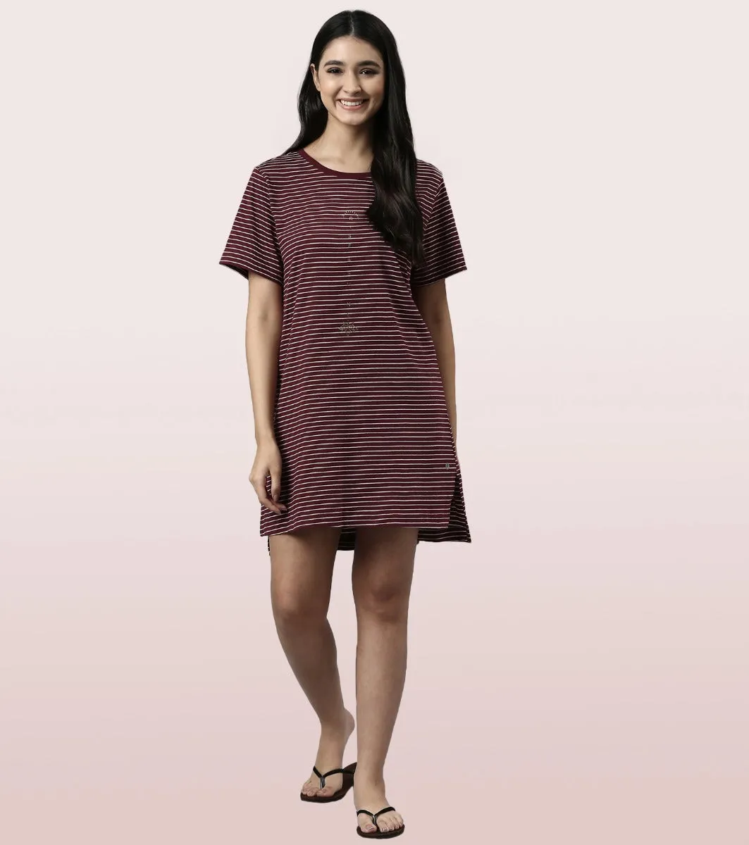 Tunic Tee – Stripes | Short Sleeve Tunic Tee With Side Slit & Mindful Graphic