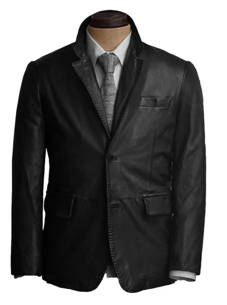 Unique Mens Black Leather Blazer | Laced Lapels, Perfect Fit