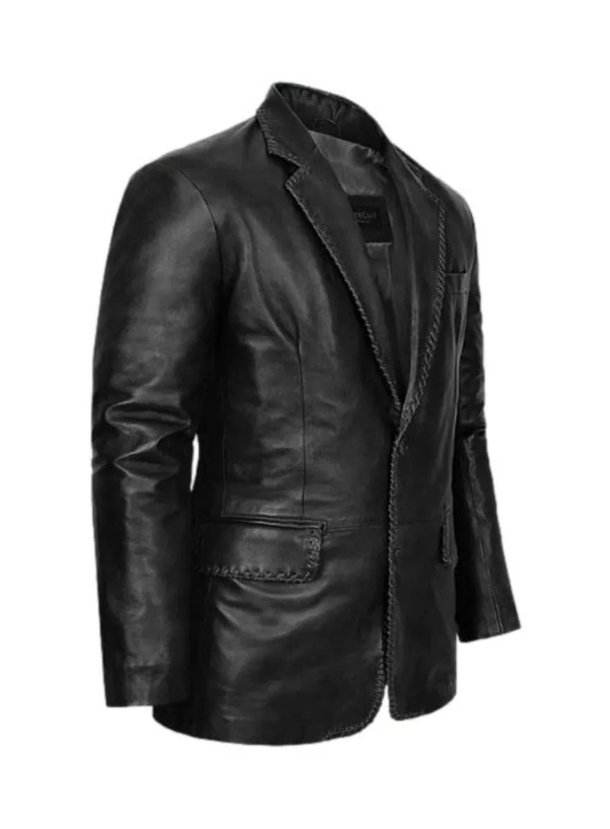 Unique Mens Black Leather Blazer | Laced Lapels, Perfect Fit