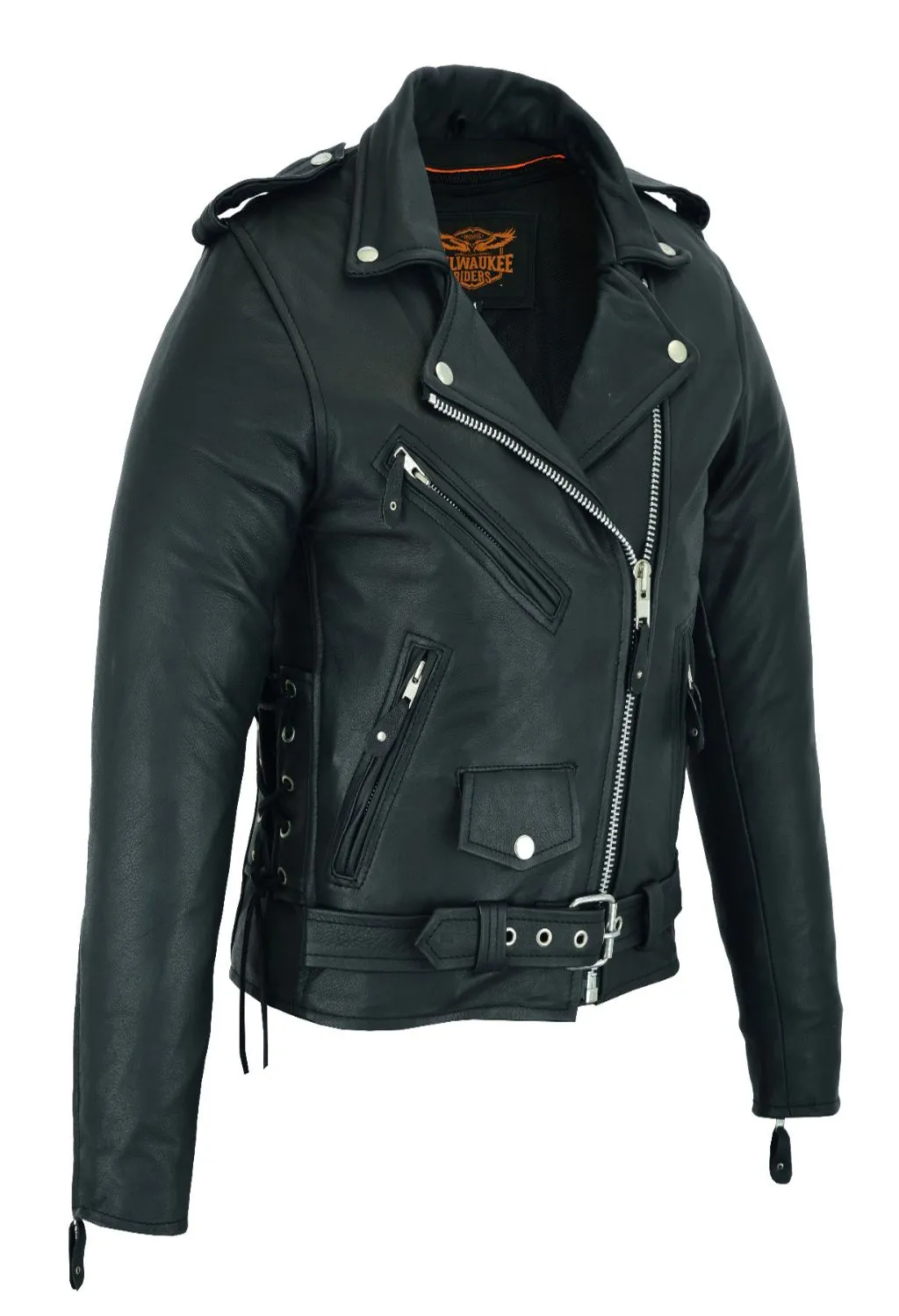 Women's Classic Naked Leather Motorcycle Jacket With Gun Pockets Side Laces