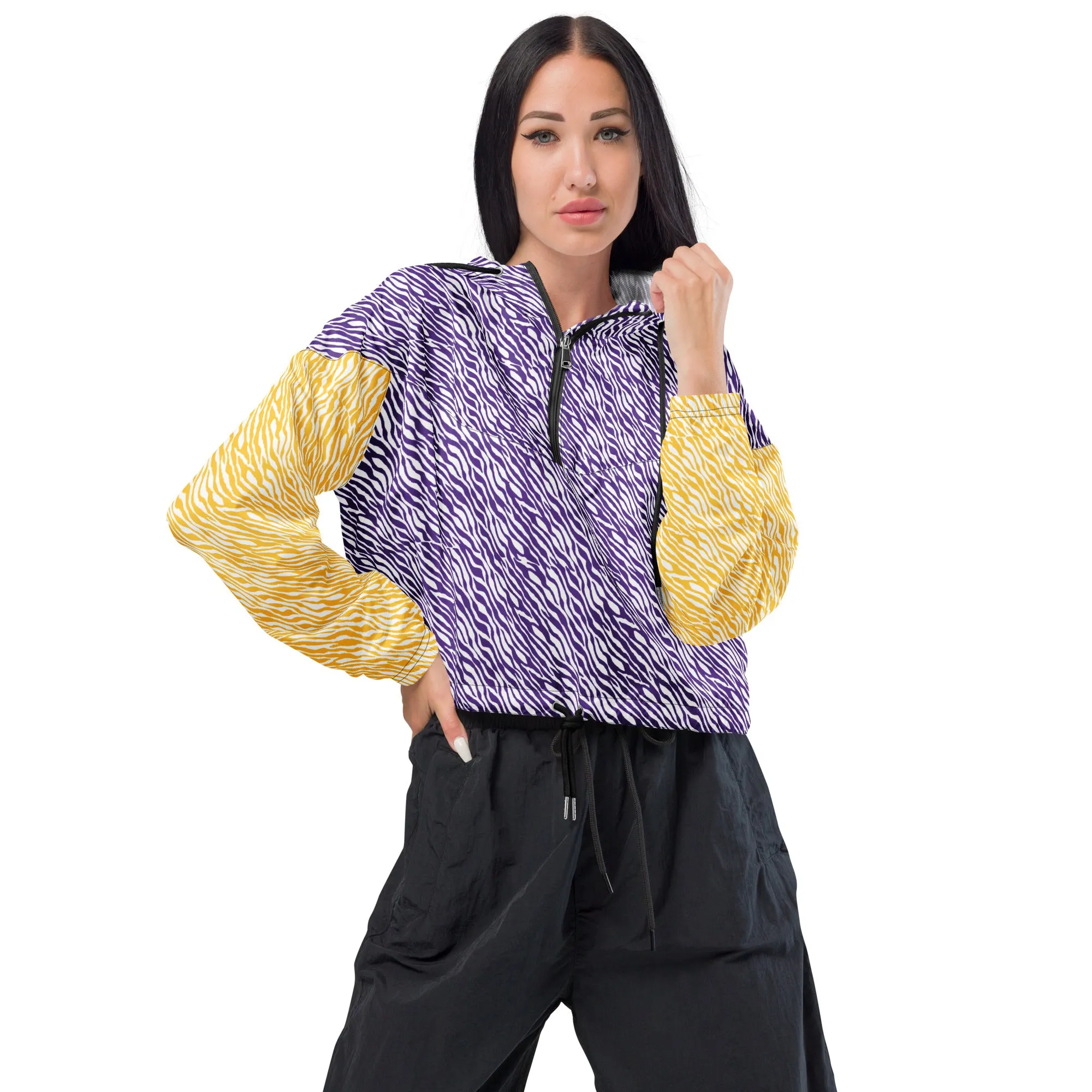 Women’s Cropped Windbreaker - Purple & Gold Zebra Print - The Original