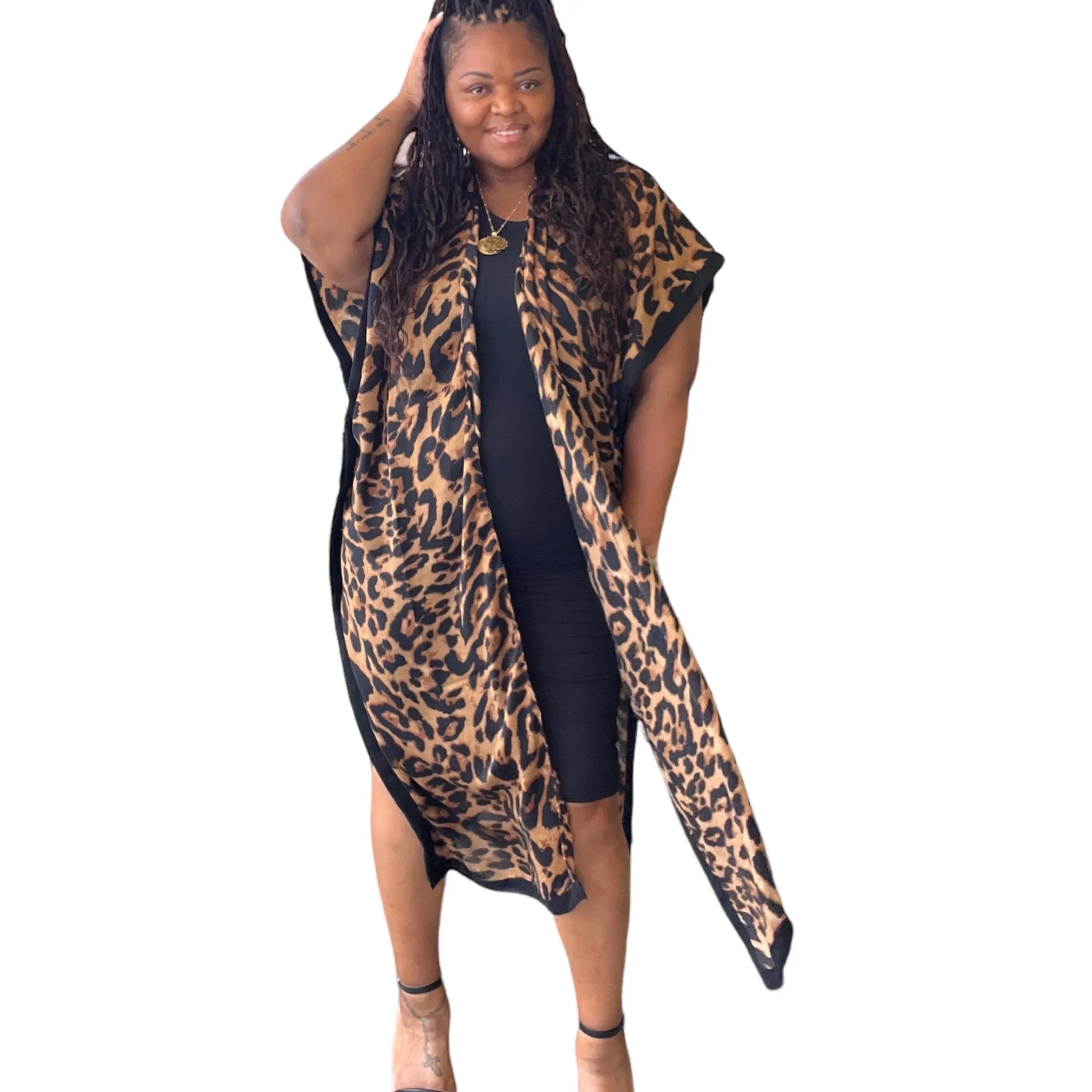 Women's One Size Long Open Front Leopard Print Kimono